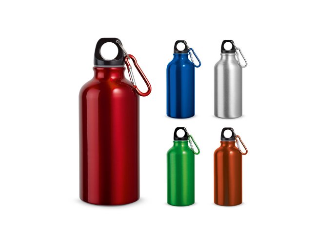 Garrafa esportiva em alumínio e acabamento metálico com mosquetão 400 mL