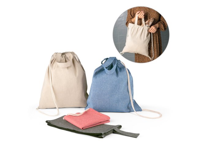 RISSANI. Sacola tipo mochila em 70% algodo reciclado e 30% polister reciclado (140g/m) sem tingimento